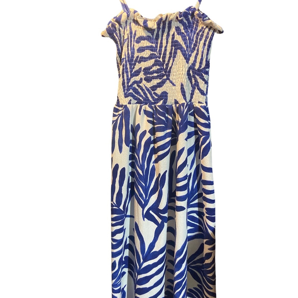 Blue and White Leaf Print Maxi Dress